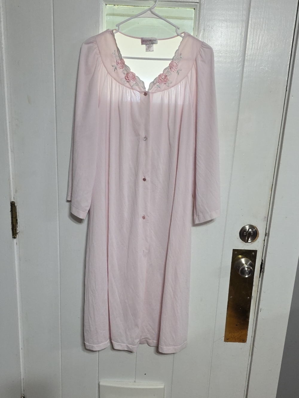 Shadowline Women's Robe Pink Embroidered Flowers Nylon Buttons Lightweight Sz 2X